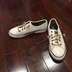 Sperry seacoast beige canvas slip on shoes